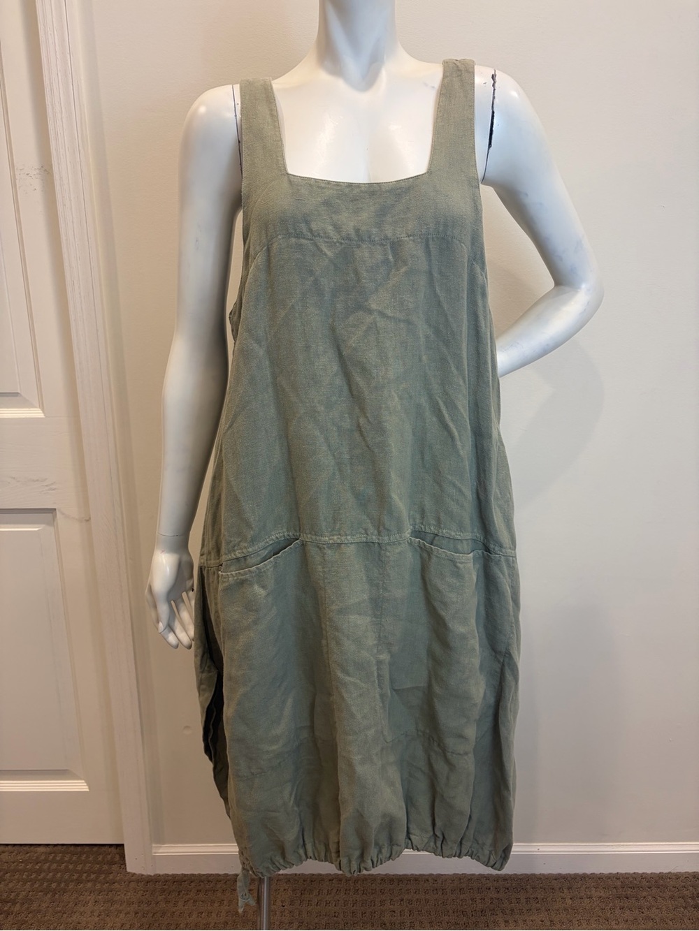 CUT•LOOSE Lagenlook 100% Linen Olive Green Oversized Bubble Skirt Smock Dress